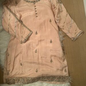 Pastel pink embroidered kameez, gharara and dupatta